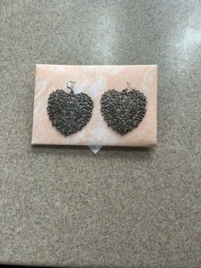 Filigree Heart Drop Earrings - Silver Tone